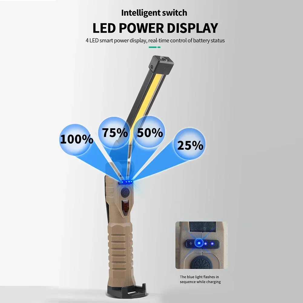 Linterna plegable COB, luz LED de trabajo, gancho colgante, 7 modos, linterna magnética recargable por USB, luz de Flash de trabajo portátil