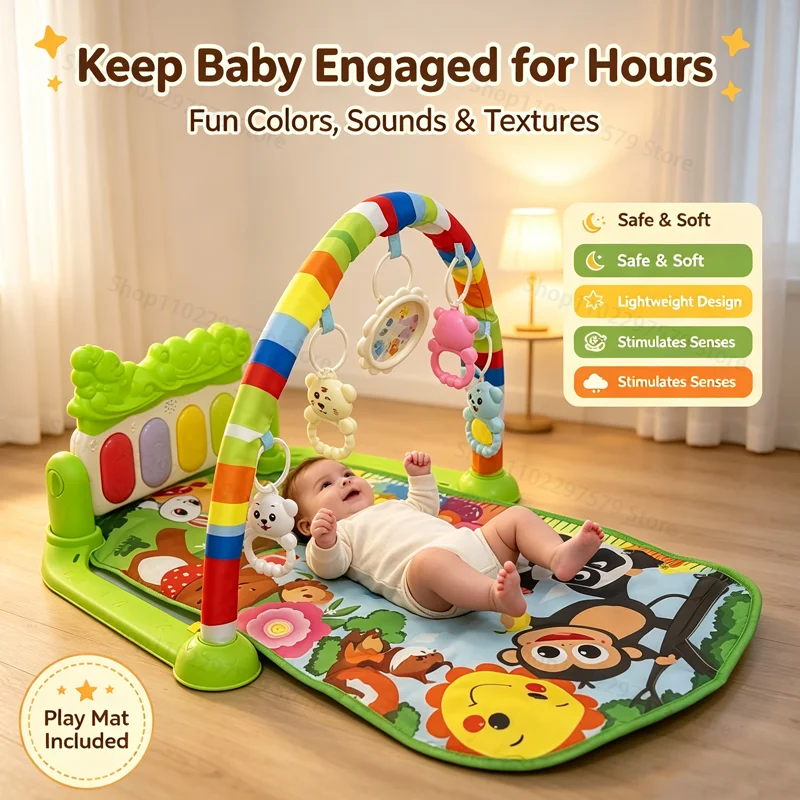 Gimnasio Musical para Bebés Recién Nacidos, Alfombra de Juego con Piano, Tapete Sensorial para Gatear, Juguetes Colgantes, Juguetes Educativos Tempranos, Regalos