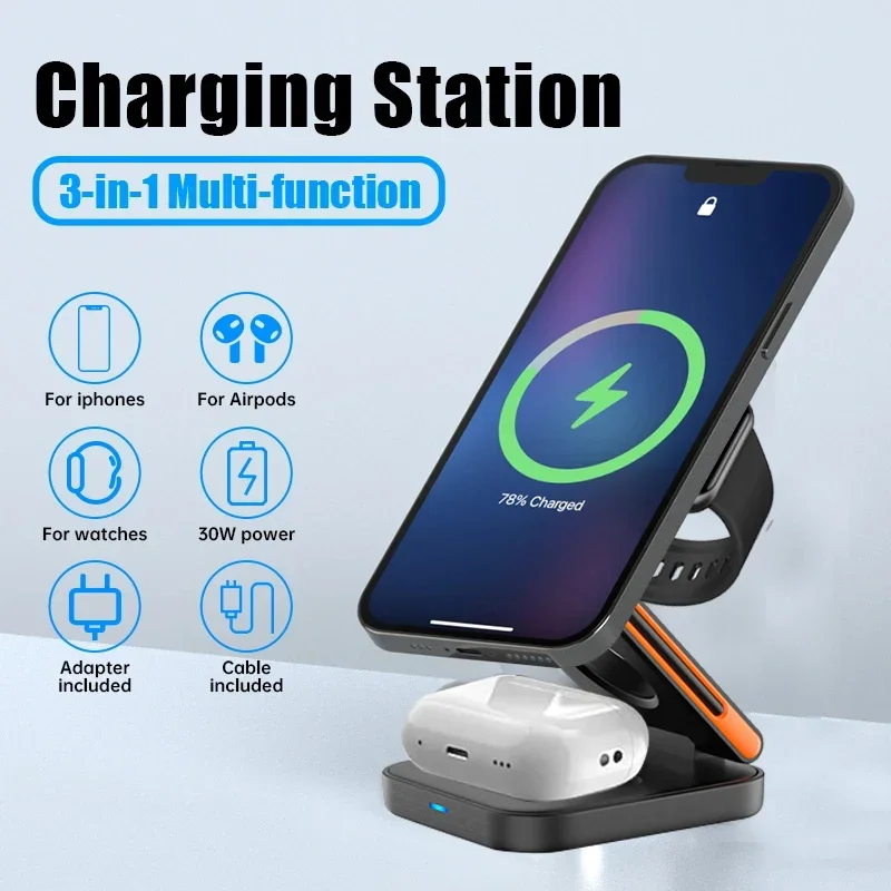 Estación de Carga Plegable 3 en 1, Cargador Inalámbrico Magnético Rápido para iPhone 17 16 15 14 13 12, Apple Watch 8 7 6, Airpods Pro