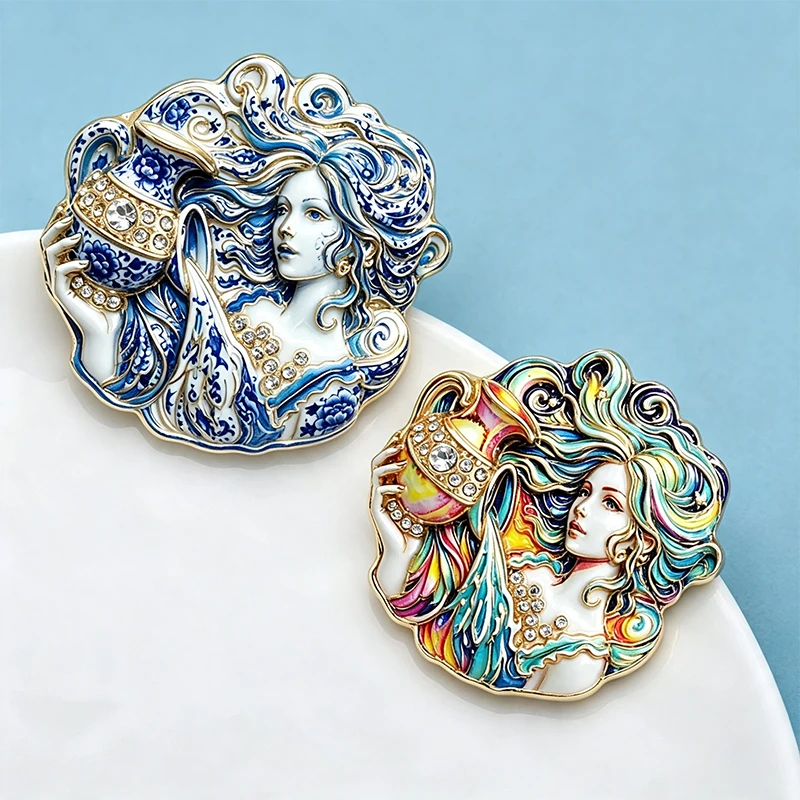 Wuli&baby Broches encantadores de dama de Acuario para mujer, unisex, de 2 colores, con diamantes de imitación, signo del zodíaco, personaje, fiesta, oficina, broche, regalo