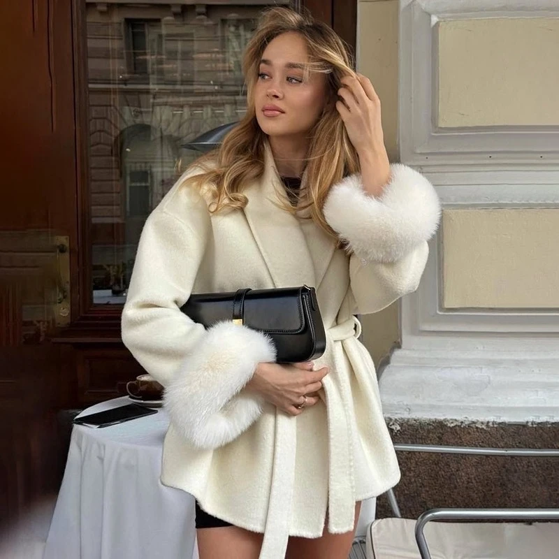 Abrigos de lana de piel de zorro TARUXY, abrigo corto para mujer, abrigo de lana de doble cara elegante extraíble para oficina para mujer, chaqueta cárdigan nueva 2025