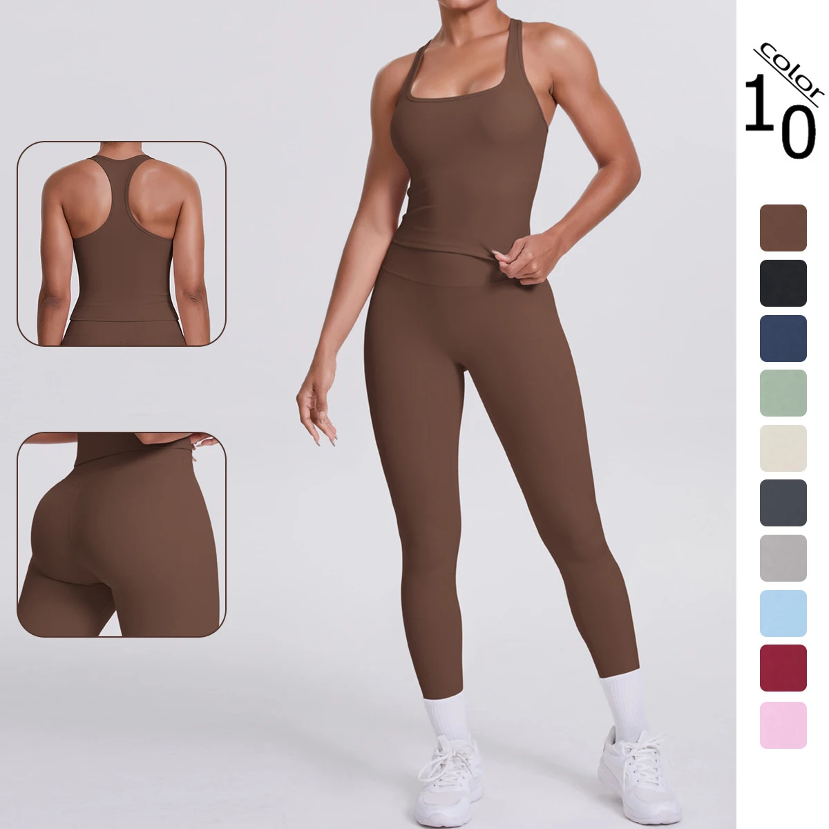 Hamidou - Conjunto de yoga de 2 piezas para mujer: leggings de fitness de secado rápido con efecto push-up y top deportivo con espalda en I de color liso.