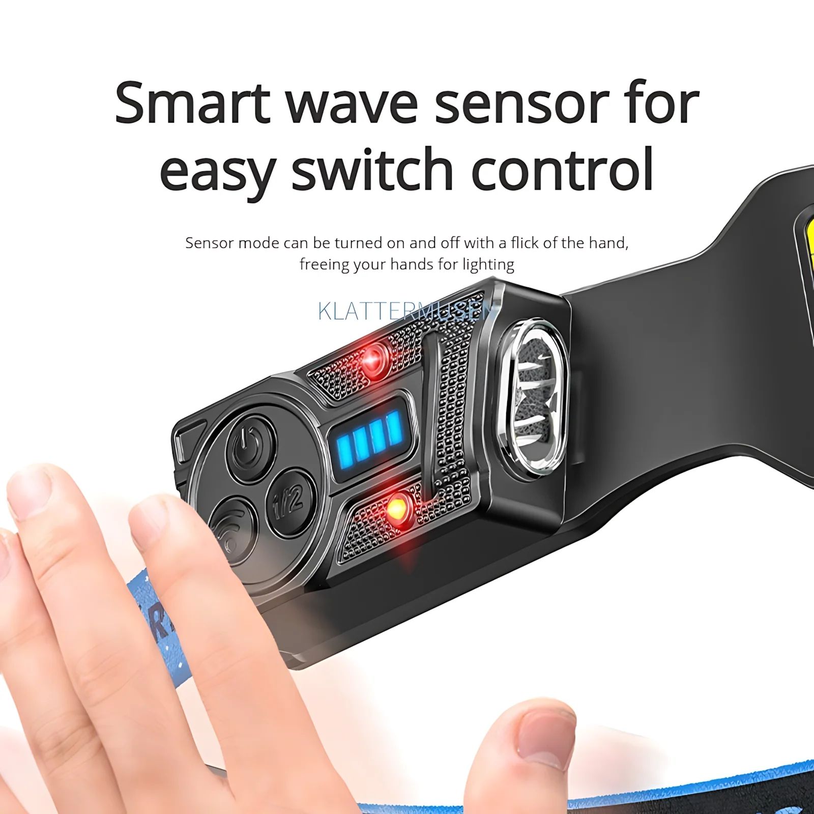 Linterna Frontal con Sensor de Gestos, 2400mAh Carga USB, 6 Modos, Luces Laterales Giratorias 315° para Pesca, Ciclismo y Camping