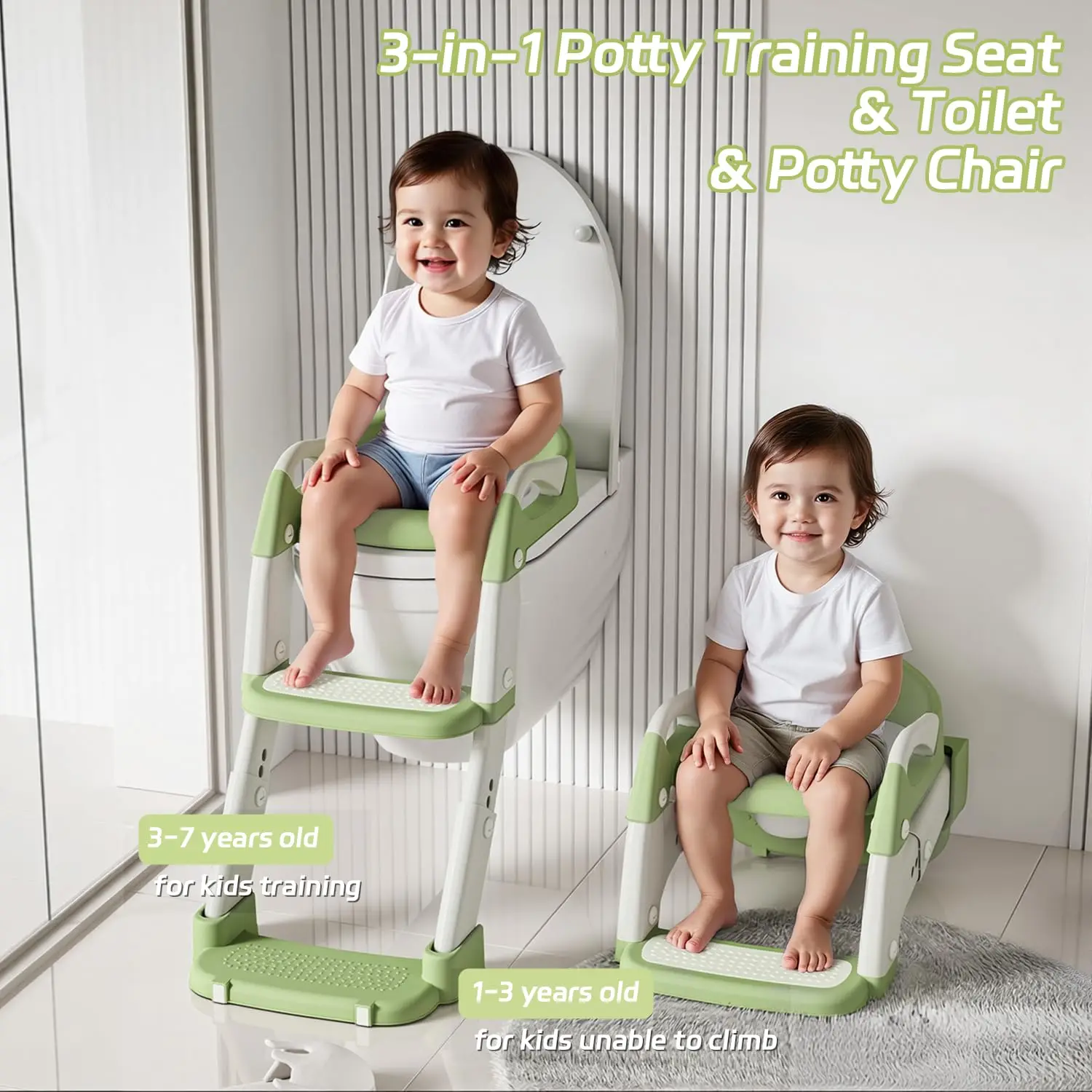 Asiento de inodoro 2 en 1 para niños pequeños con escalera – Asiento de entrenamiento para ir al baño ajustable con escalones y almohadillas antideslizantes, plegable para niños y niñas, entrenador de inodoro para baño (Gris Verde Morado)