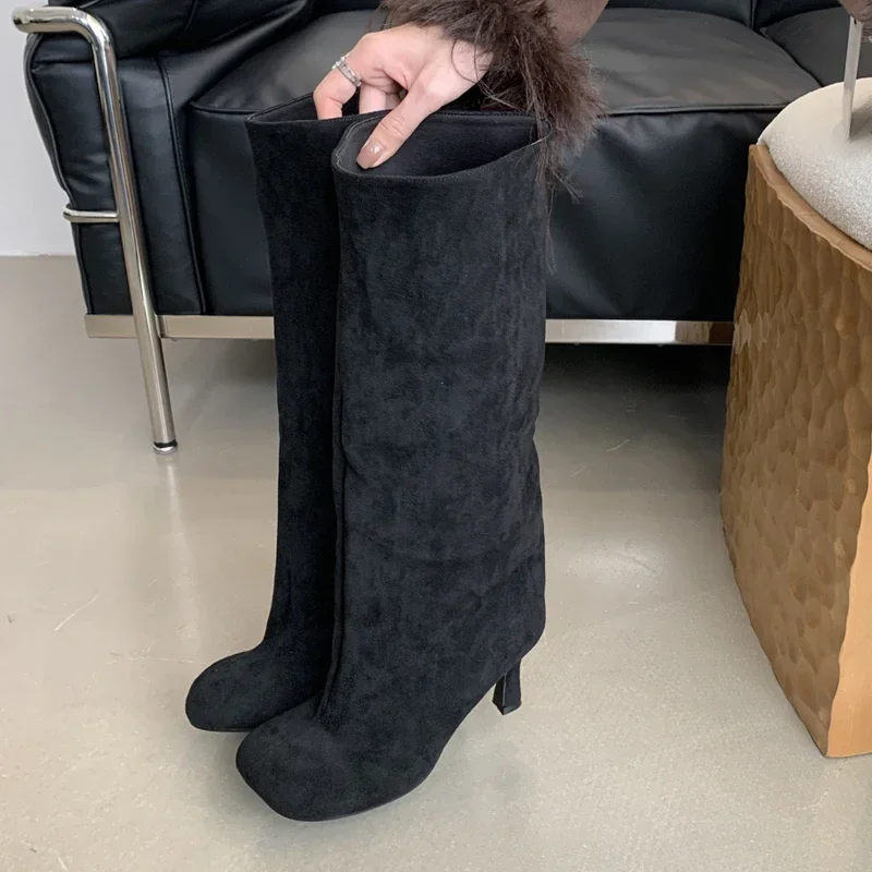 Botas hasta la rodilla con punta redonda estilo callejero para Mujer, Zapatos Punk finos De tacón alto, botines largos para Mujer, Invierno