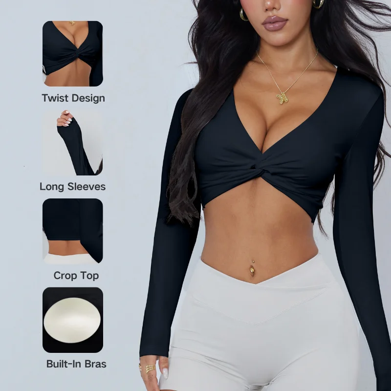 Anfilia-Top de Yoga para mujer, Top Sexy con cuello en V, diseño de giro frontal, manga larga, secado rápido, transpirable, sujetador incorporado, Top corto para gimnasio y correr