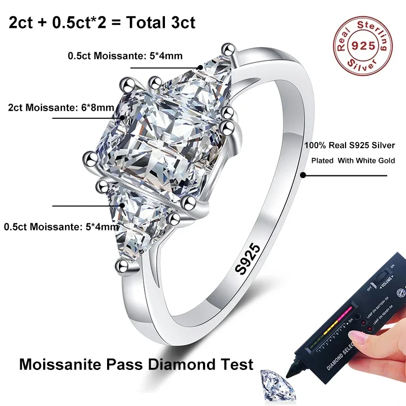 Anillos de boda para mujer de plata de ley 925 con baño de oro blanco, con esmeralda de corte NeeTim de 3 quilates y moissanita completa, banda de compromiso brillante