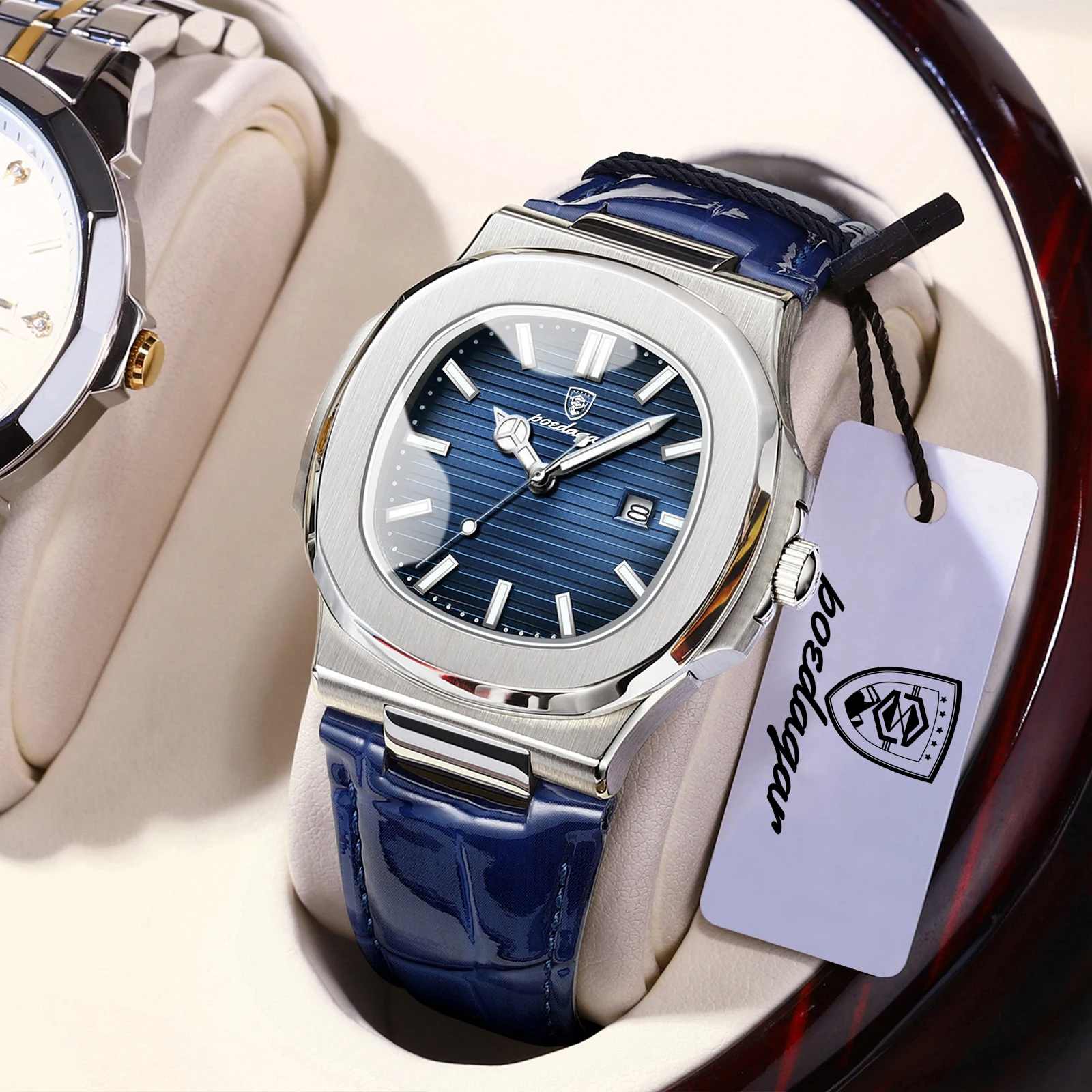POEDAGAR Reloj cuadrado superior para hombre con fecha resistente al agua luminoso Reloj de pulsera de lujo para hombre relojes de cuarzo de cuero de alta calidad para hombre + Reloj con caja