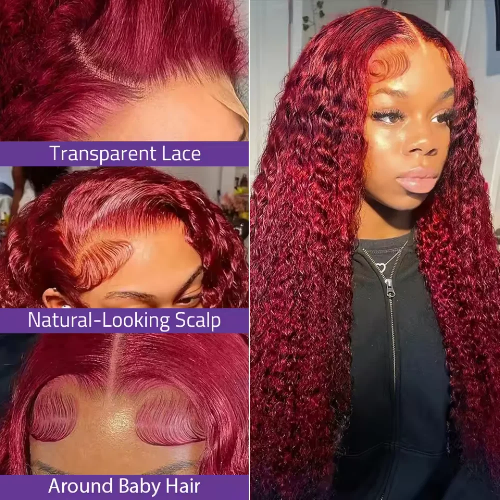 Peluca de cabello humano con encaje frontal de 16 pulgadas, 34 pulgadas, 13x4, color burdeos, ondas profundas, para mujer, densidad 200, HD transparente, pelucas rojas rizadas profundas, pre-arrancadas con cabello de bebé