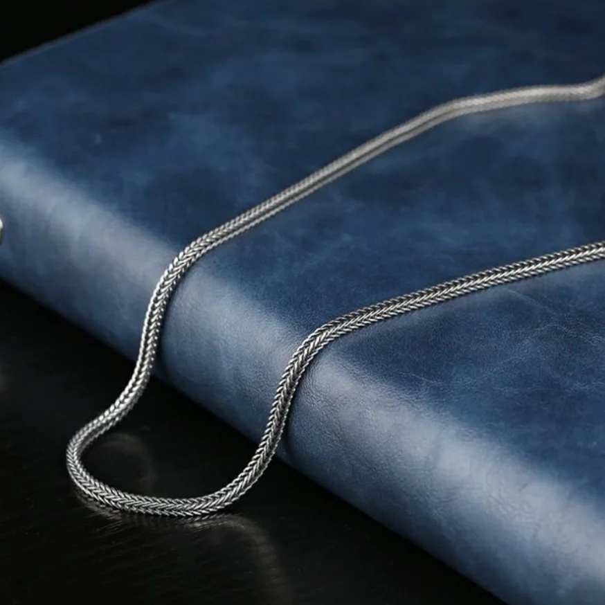 Collar de plata pura auténtica S925 para hombre, collar de cola de zorra de 3MM para hombre, cadena de hueso de serpiente de plata maciza Vintage individual