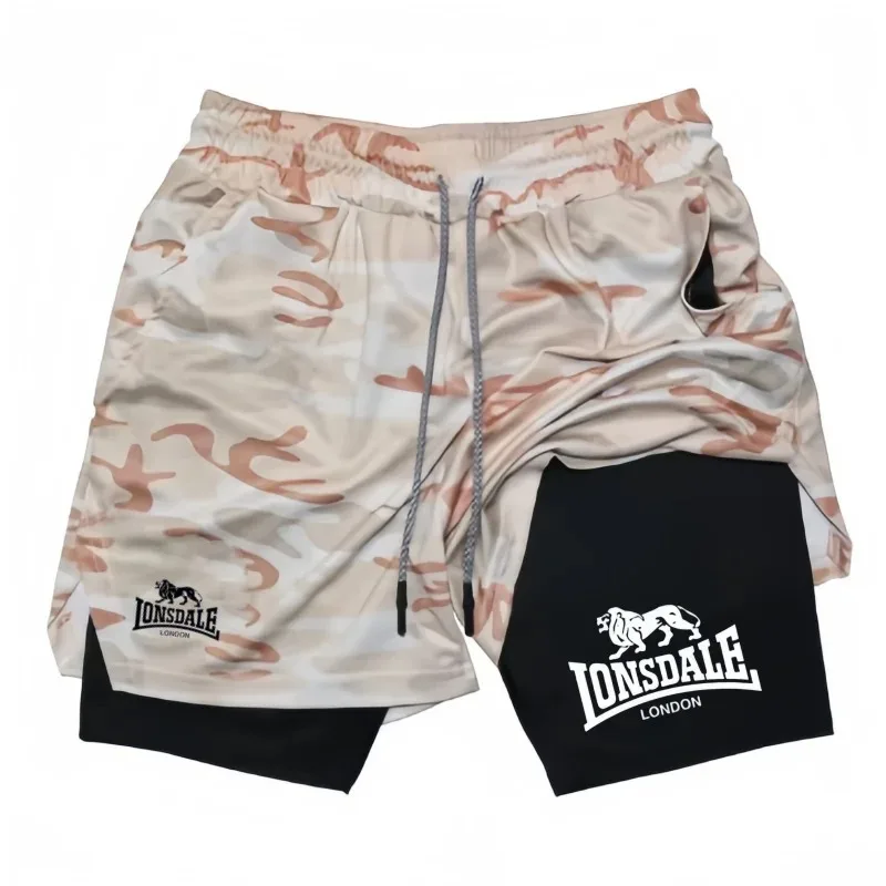 Pantalones cortos estampados 2 en 1 para correr para hombre, pantalones cortos de compresión para entrenamiento en gimnasio con bolsillo para teléfono, toalla, ropa deportiva atlética para verano