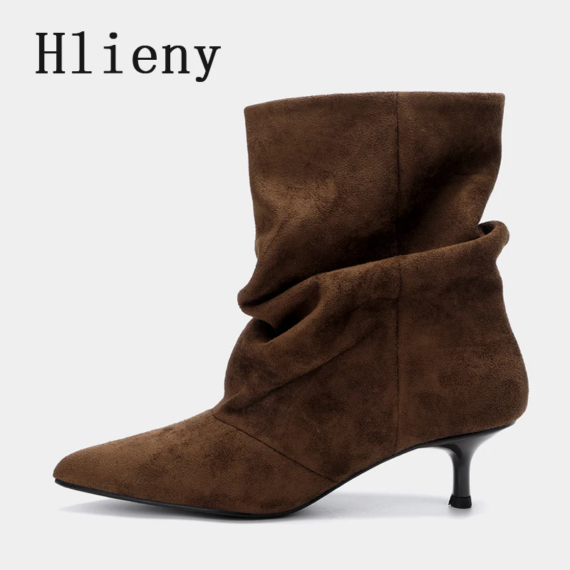 Liyke, zapatos de invierno de gamuza plisada para mujer, punta puntiaguda, tacones bajos y finos, botines de diseñador elegantes Retro para mujer, color marrón, Bottes Femme