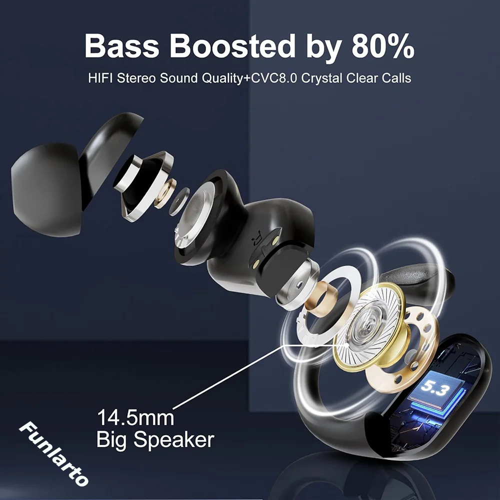 Auriculares deportivos Bluetooth IPX7 auriculares inalámbricos impermeables 60 horas de música con micrófono pantalla LED de potencia gancho para la oreja suave auriculares TWS