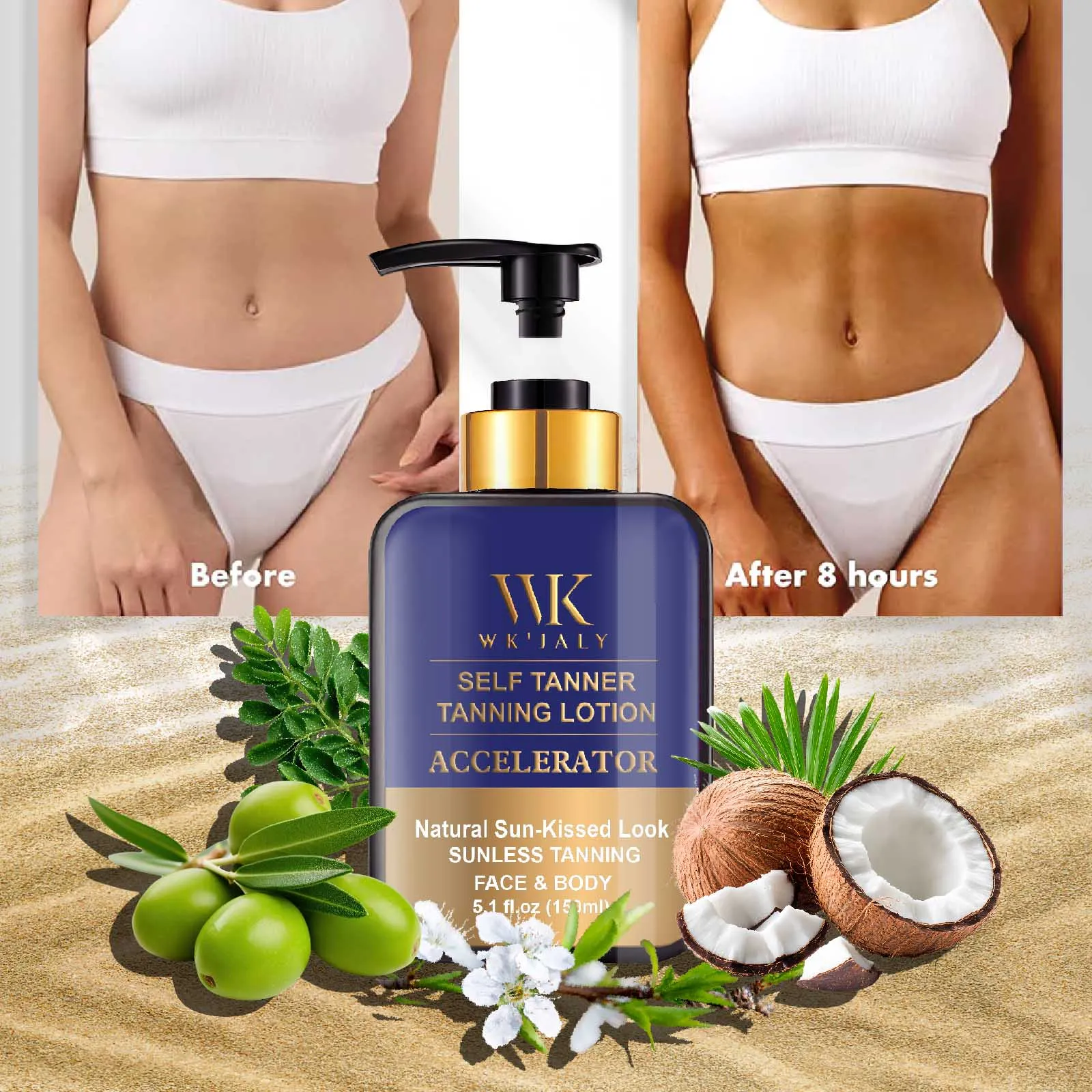 WK JALY Loción corporal autobronceadora, tono de piel medio, crema bronceadora sin sol con aceite de coco, aceite de zanahoria, manteca de karité
