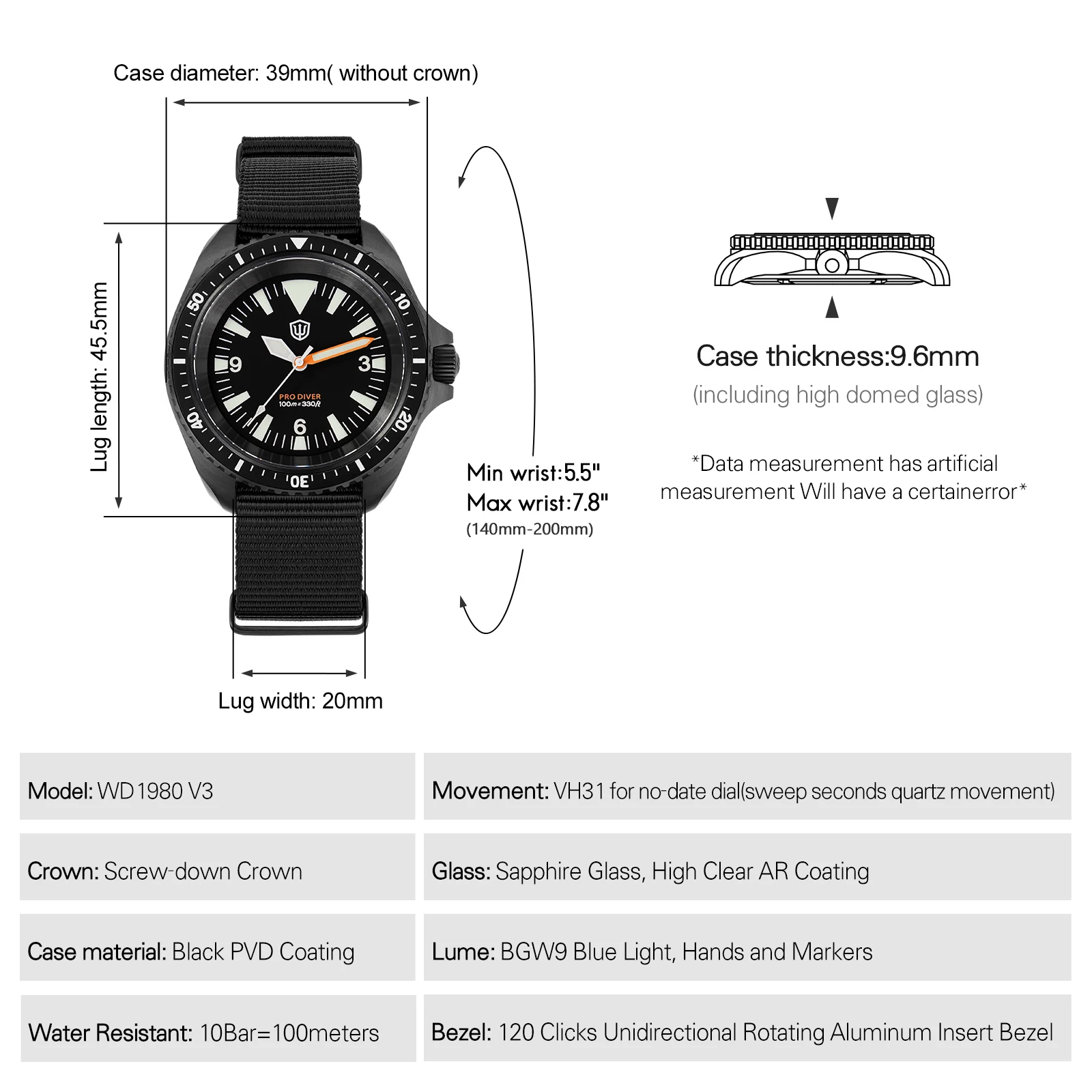 Watchdives WD1980 V3 reloj de lujo VH31 barrido segundos movimiento de cuarzo revestimiento AR cristal de zafiro 10Bar relojes impermeables para hombres