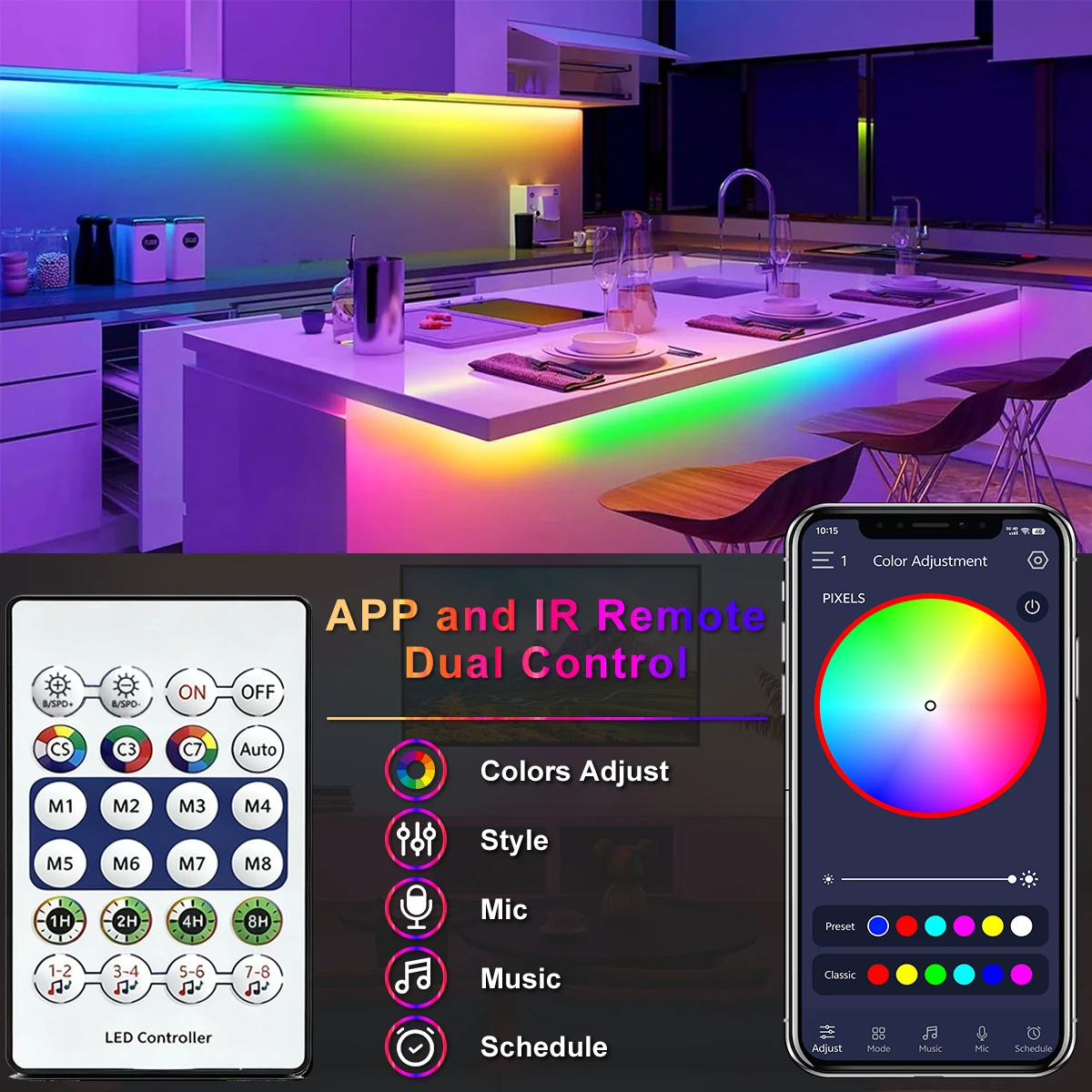 Tira de luces LED RGB+IC de neón de 5V, 1M 2M 3M 5M 10M, USB, impermeable, flexible, con control remoto Bluetooth para decoración del hogar