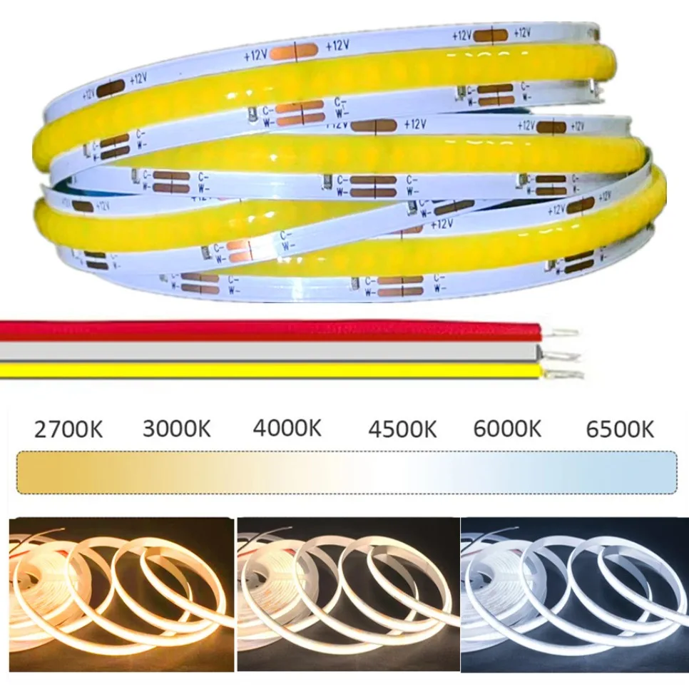 FCOB CCT tira de luz LED 608 LEDs alta densidad Flexible FOB COB 10mm luces Led RA90 2700K a 6000K lineal regulable DC12V DC24V