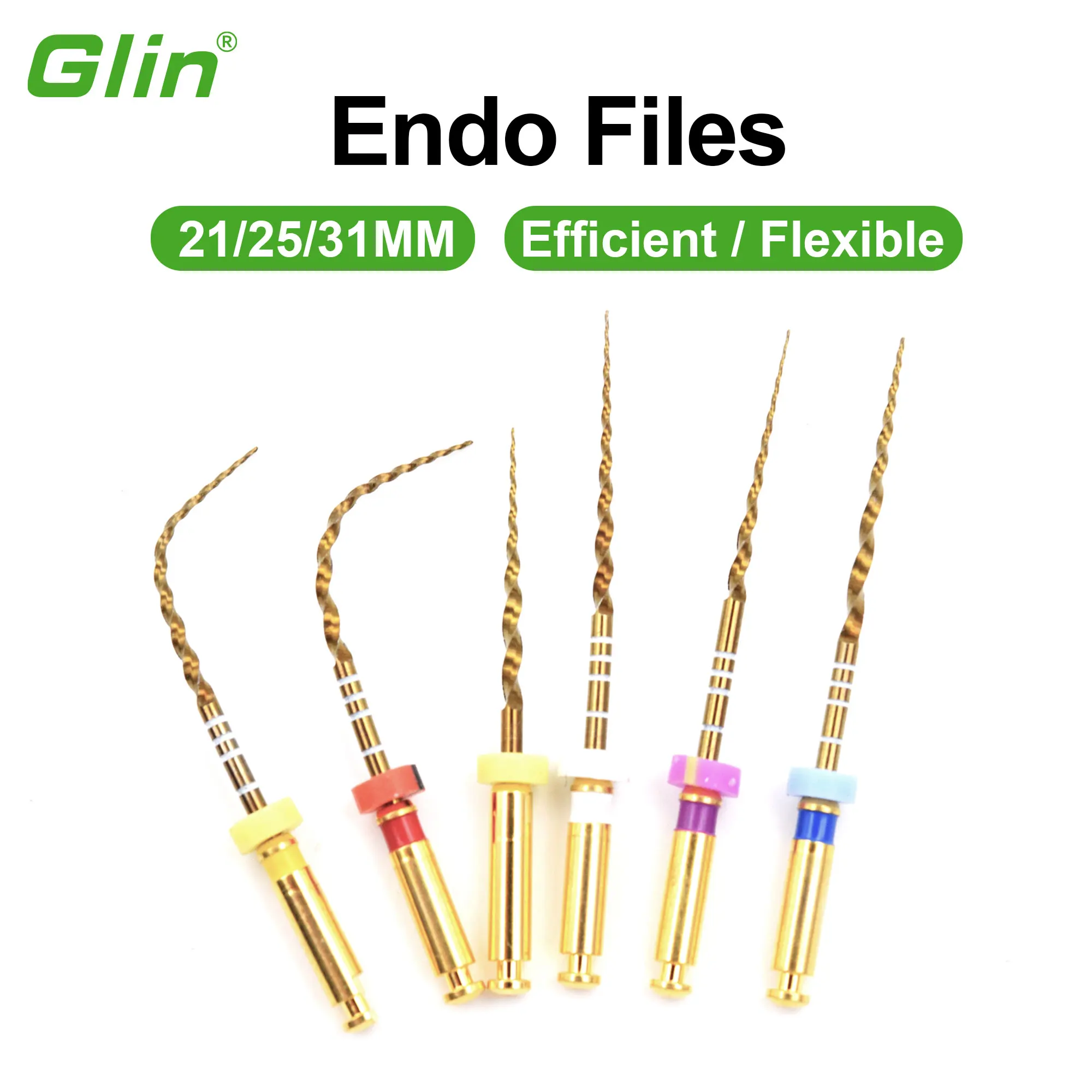 Glin Dental - Limas Flexibles de Oro para Endodoncia, Limas Rotatorias Doradas, 21/25/31 mm, Instrumento de Níquel Titanio para Odontología
