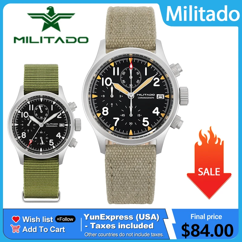 Militado ML1868KF Retro VK67 reloj cronógrafo de cuarzo caja de acero inoxidable 3 esferas impermeable 100M reloj militar multifunción