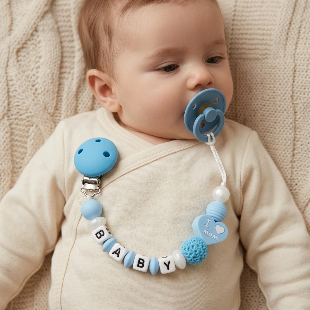 Soporte de silicona personalizado para mordedor de bebé, clip para chupete con nombre personalizado, cadena para chupete azul sin BPA, regalo para baby shower 'I Love Mom'