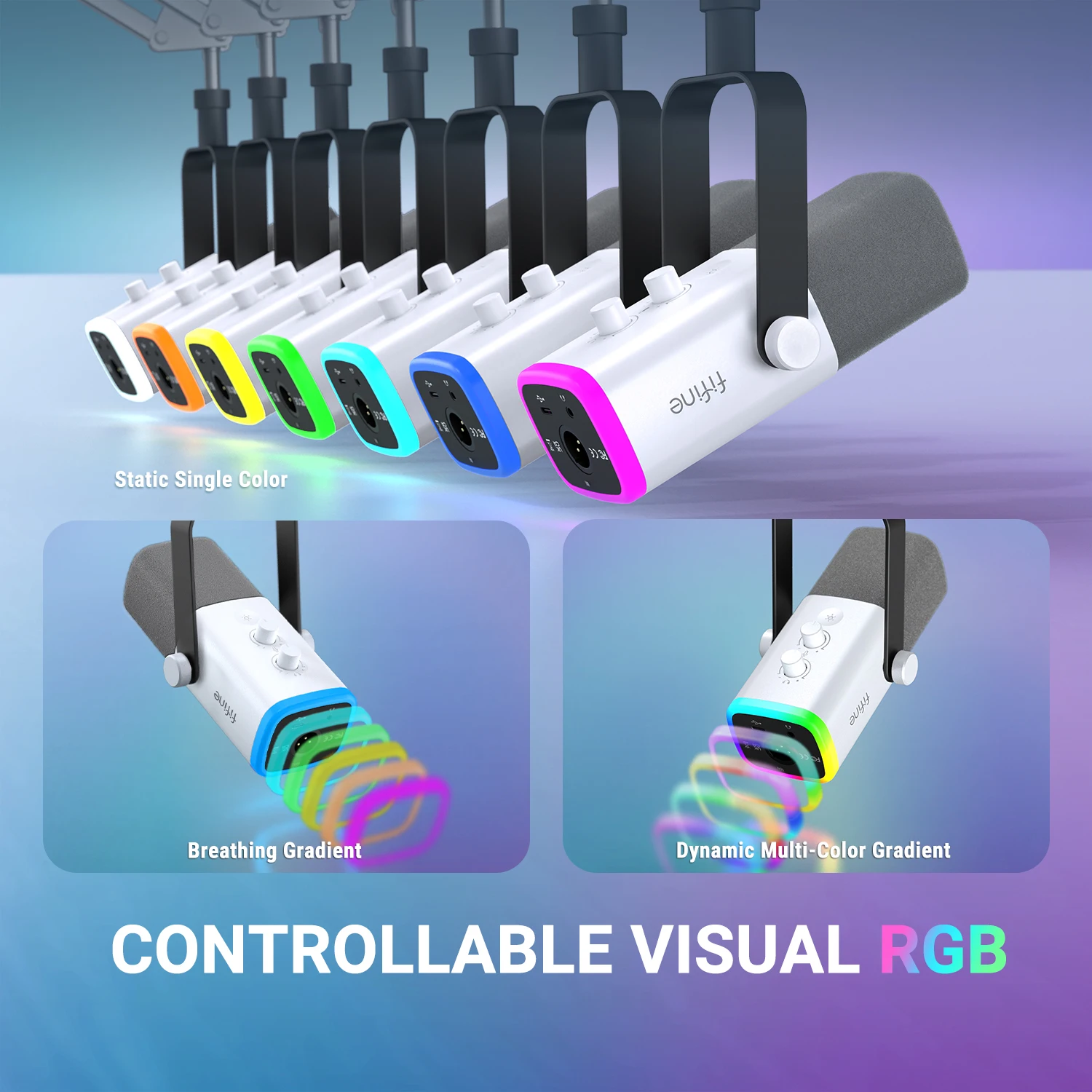 FIFINE Kit de micrófono para juegos USB/XLR con conector para auriculares/RGB/Boom Arm, juego de micrófono dinámico para PC PS5/4 Mezclador AmpliGame White-AM8TW