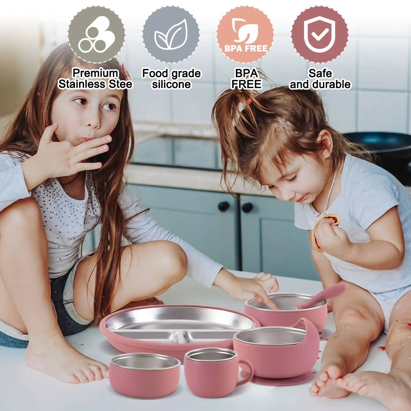 Juego de alimentación infantil de Color para niños, vajilla de silicona de acero inoxidable con plato y cuenco desmontable, utensilios de destete para bebé, 10 Uds.