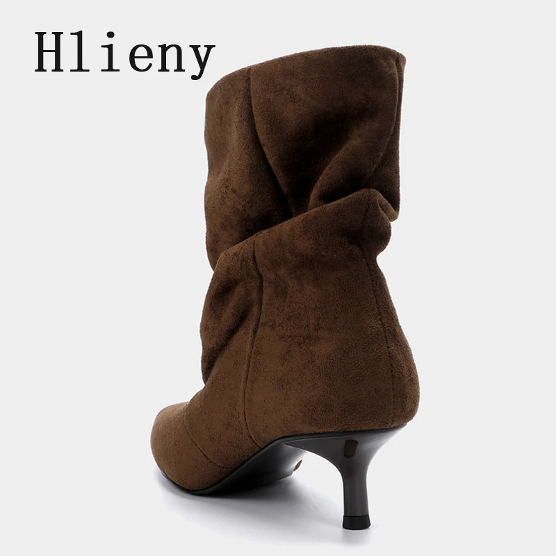 Liyke, zapatos de invierno de gamuza plisada para mujer, punta puntiaguda, tacones bajos y finos, botines de diseñador elegantes Retro para mujer, color marrón, Bottes Femme