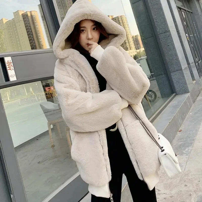 Abrigo coreano holgado de felpa gruesa para mujer, abrigo de invierno de imitación de piel de conejo, chaqueta cálida con cremallera, parka con capucha, abrigo.