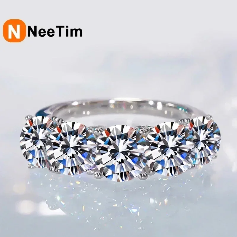 Anillo de Moissanita Completa NeeTim de 5mm y 6.5mm para Mujer, Plata de Ley S925, Anillo de Compromiso Eterno, Banda Brillante, Anillos de Boda, Joyería