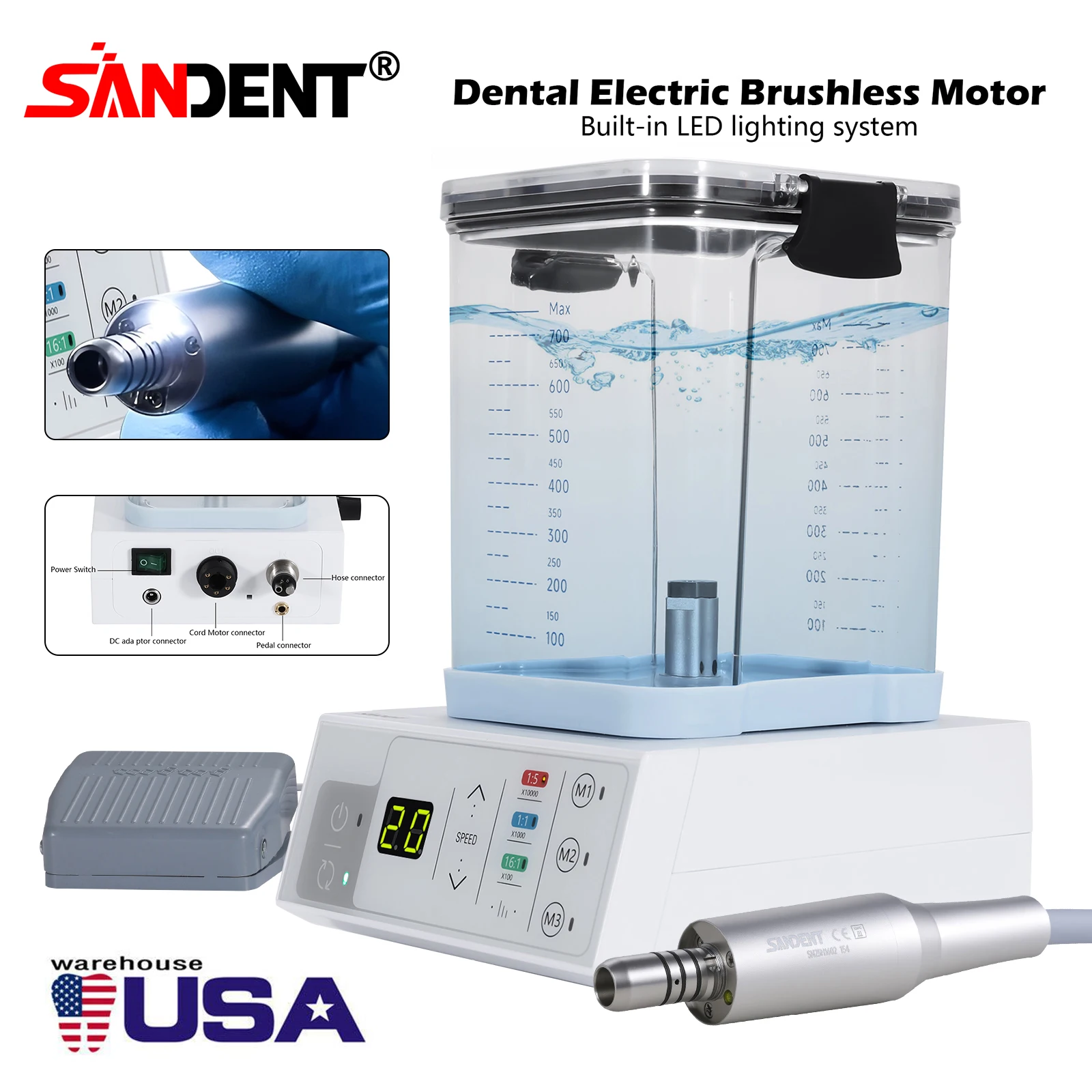 Micromotor eléctrico dental LED sin escobillas SANDENT de 40K RPM con sistema de control vectorial tipo E y tanque de agua para práctica quirúrgica