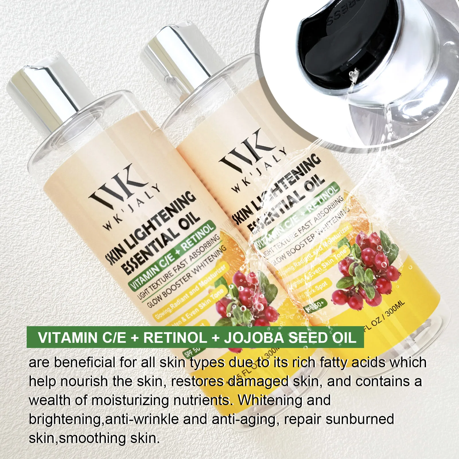 WK JALY Aceite Aclarante con Vitamina C y Retinol, Hidrata, Blanquea, Anti-Manchas Oscuras, Unifica el Tono de Piel, No Grasoso, 300ml