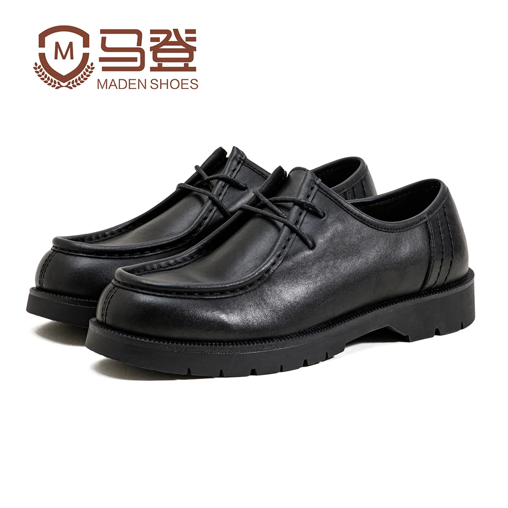 Maden Zapatos Derby negros vintage para hombre Mocasines con cordones de cuero con punta redonda Estilo británico Negro Oficina Low-top para negocios