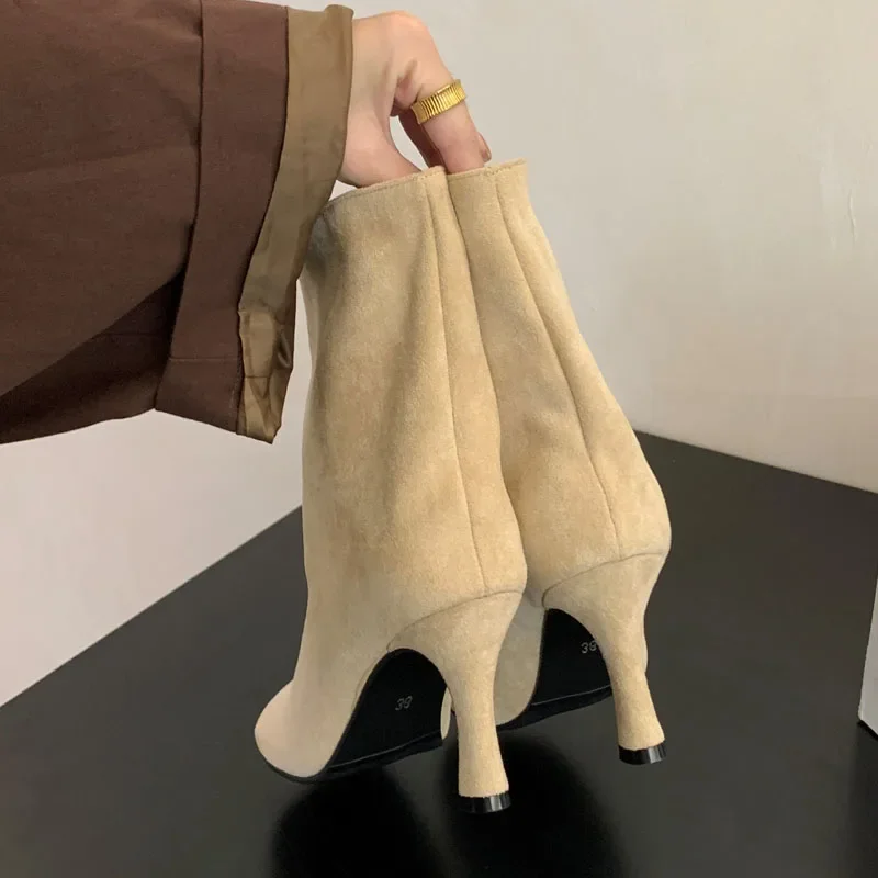 Eilyken Street Style-Botines plisados con punta redonda para Mujer, zapatos de tacón fino, Botas cortas Chelsea concisas para invierno