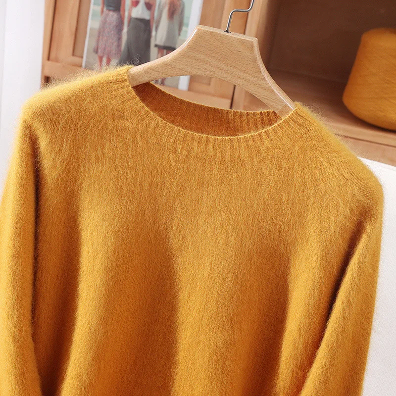 Jersey básico para mujer, suéter de cachemira de visón 100%, suéter suave de punto con cuello redondo para otoño e invierno, camiseta nueva cálida de manga larga