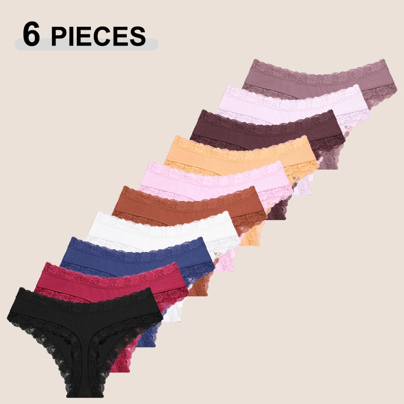 Conjunto de 6 bragas de encaje de algodón para mujer, color liso, transpirables, de cintura baja, tangas suaves y cómodas para mujer