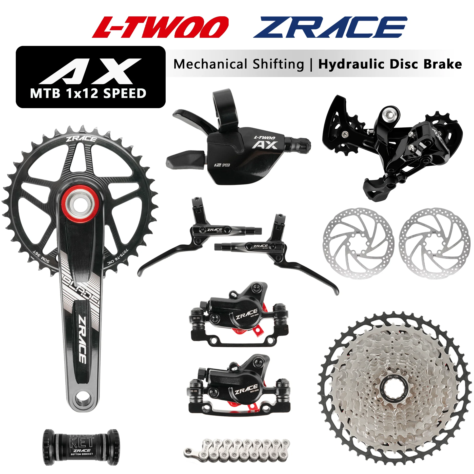 Juego de Frenos de Disco Hidráulicos LTWOO AX MTB, Cambio de 1x12 Velocidades, Desviador Trasero, Juego de Cassette ZRACE, Plato de Cadena Compatible con M6100
