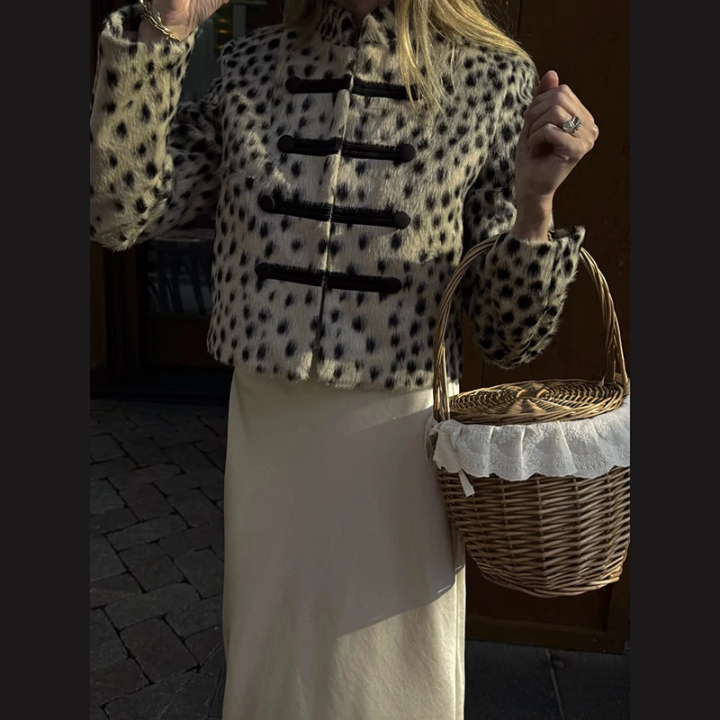 Chaqueta Corta de Mujer con Estampado de Leopardo y Piel Sintética, Estilo Vintage, Cuello Alto, Botones, Manga Larga, Ropa de Abrigo, Novedad 2026, Chaquetas Urbanas para Mujer