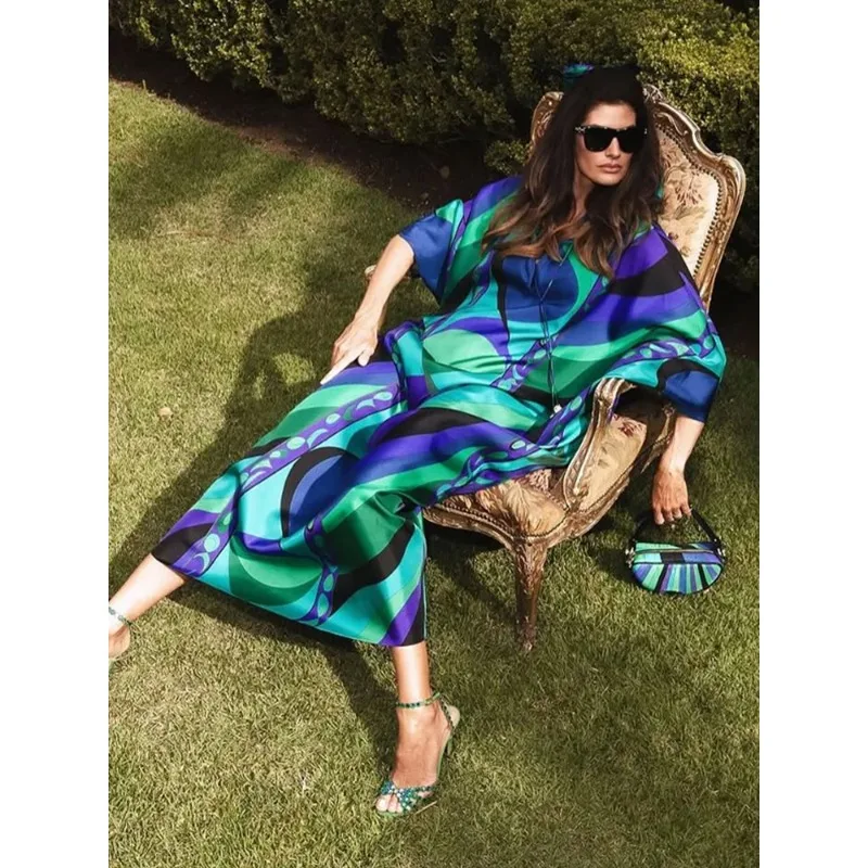 Vestido Largo Bohemio con Estampado Floral para Mujer, Cuello en V, Manga Media, Estilo Oversize, Maxi Vestido Elegante para Vacaciones 2026