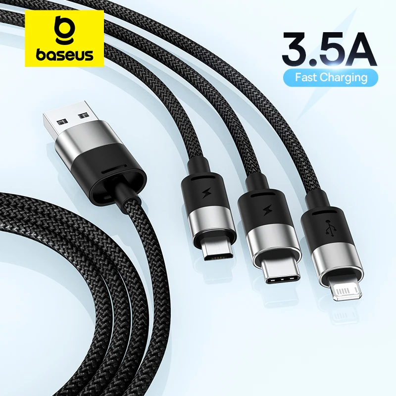 Cable Baseus 3 en 1 USB C para iPhone 14 13 12 Pro 11 3.5A Cable cargador Micro USB C tipo C para Macbook Pro Samsung Xiaomi