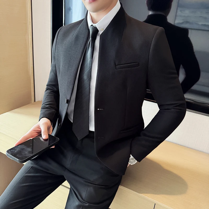 Waffle nuevo traje chino con cuello levantado abrigos hombres Slim Fit negocios Casual trajes de moda chaqueta Formal Social fiesta de graduación esmoquin