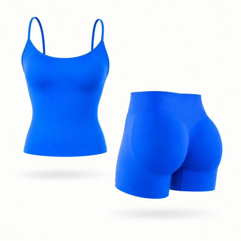 Conjunto de Yoga Denyf para Mujer, con Tirantes Finos, Cuello Redondo, Sin Costuras, Sujetador Deportivo con Relleno Extraíble y Pantalones Cortos, para Entrenamiento Físico