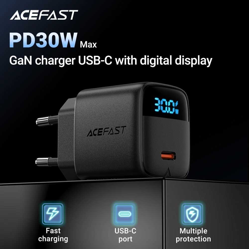 ACEFAST GaN PD30W cargador de carga rápida para teléfono UE para iPhone 16/15 Pro Max USB C adaptador de pantalla Digital LED de pared para Samsung S25