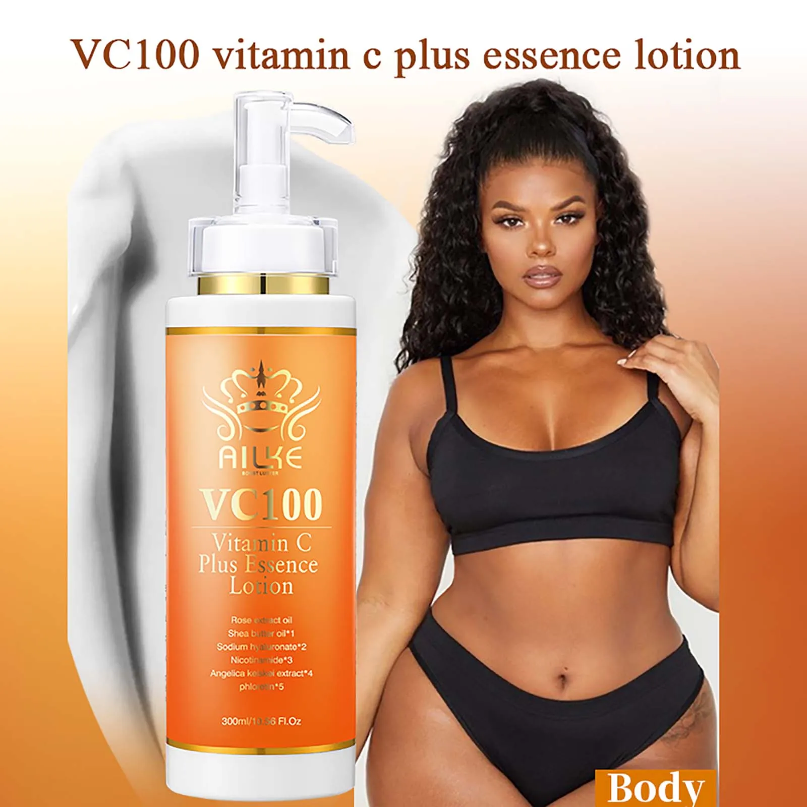 Loción Corporal Iluminadora con Vitamina C AILKE, Anti-Manchas, Crema Hidratante para Mujeres, con Niacinamida, Aceite de Rosas, Mejora la Piel Áspera