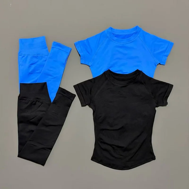 Conjunto Deportivo de 2 Piezas para Mujer, Manga Corta, Cuello Redondo, Transpirable, Leggings Deportivos para Yoga, Ropa Deportiva para Gimnasio