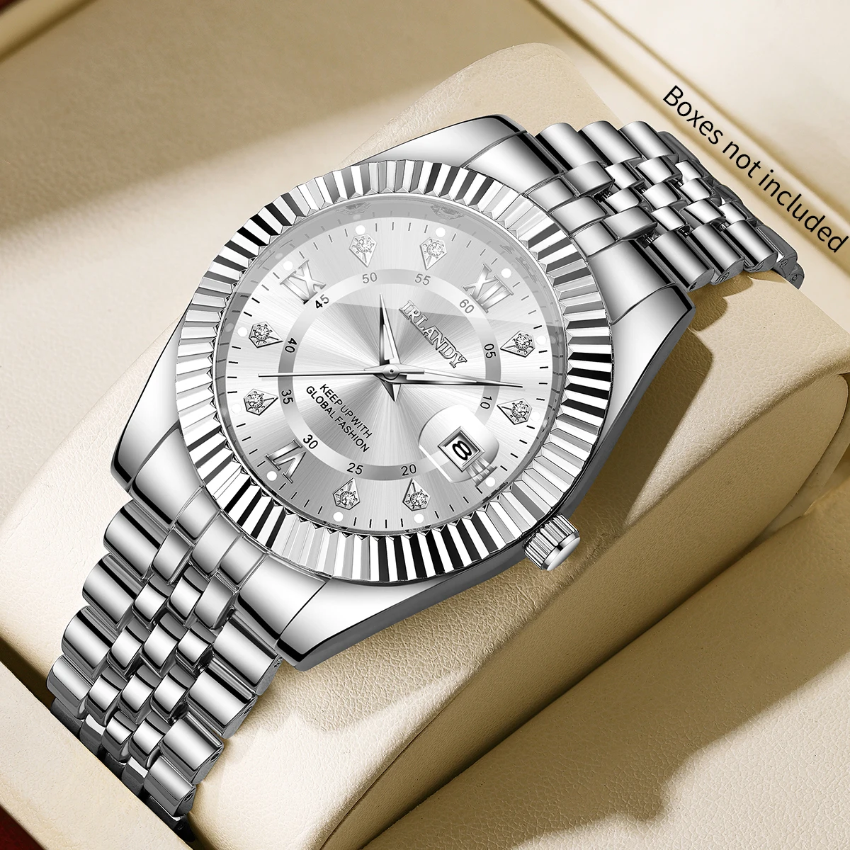 Relojes de lujo con diamantes de imitación para hombre, reloj de cuarzo con calendario a la moda para hombre con correa de acero inoxidable, Reloj Hombre (sin caja)