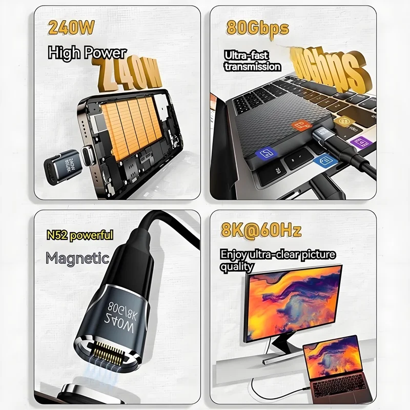 Adaptador USB tipo C magnético de 240W, convertidor de carga rápida de vídeo OTG 8K de 80Gbps para iPhone 17 16 15 14 13 Monitor de ordenador portátil Macbook