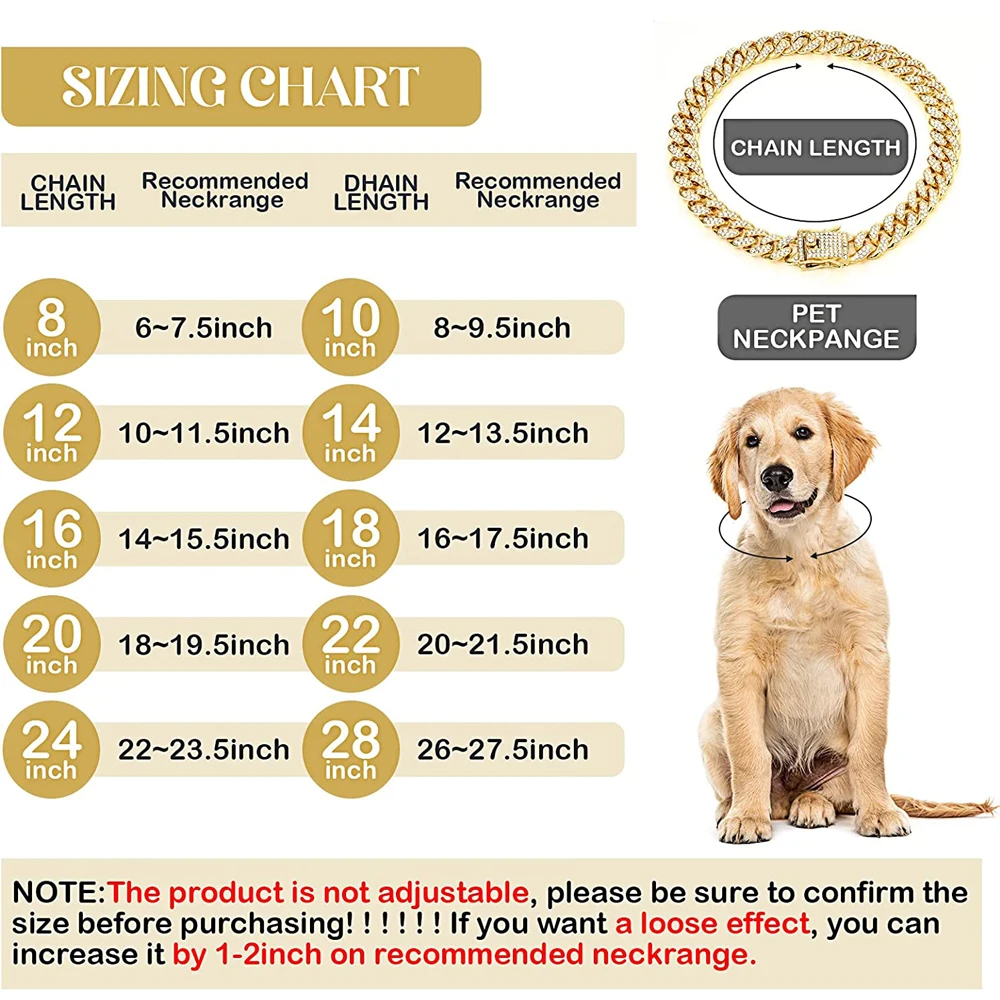 Collar de perro de cadena de oro de lujo, Collar para cachorro, accesorios de joyería de cristal, Collar de enlace cubano para mascotas para perros pequeños, medianos y grandes