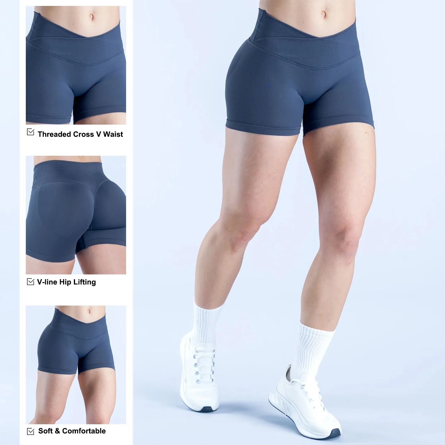 WAREBALL Shorts de 3 pulgadas para mujer, shorts deportivos de ciclismo, cintura cruzada, para gimnasio, entrenamiento, yoga, leggings sin costuras con efecto fruncido en glúteos