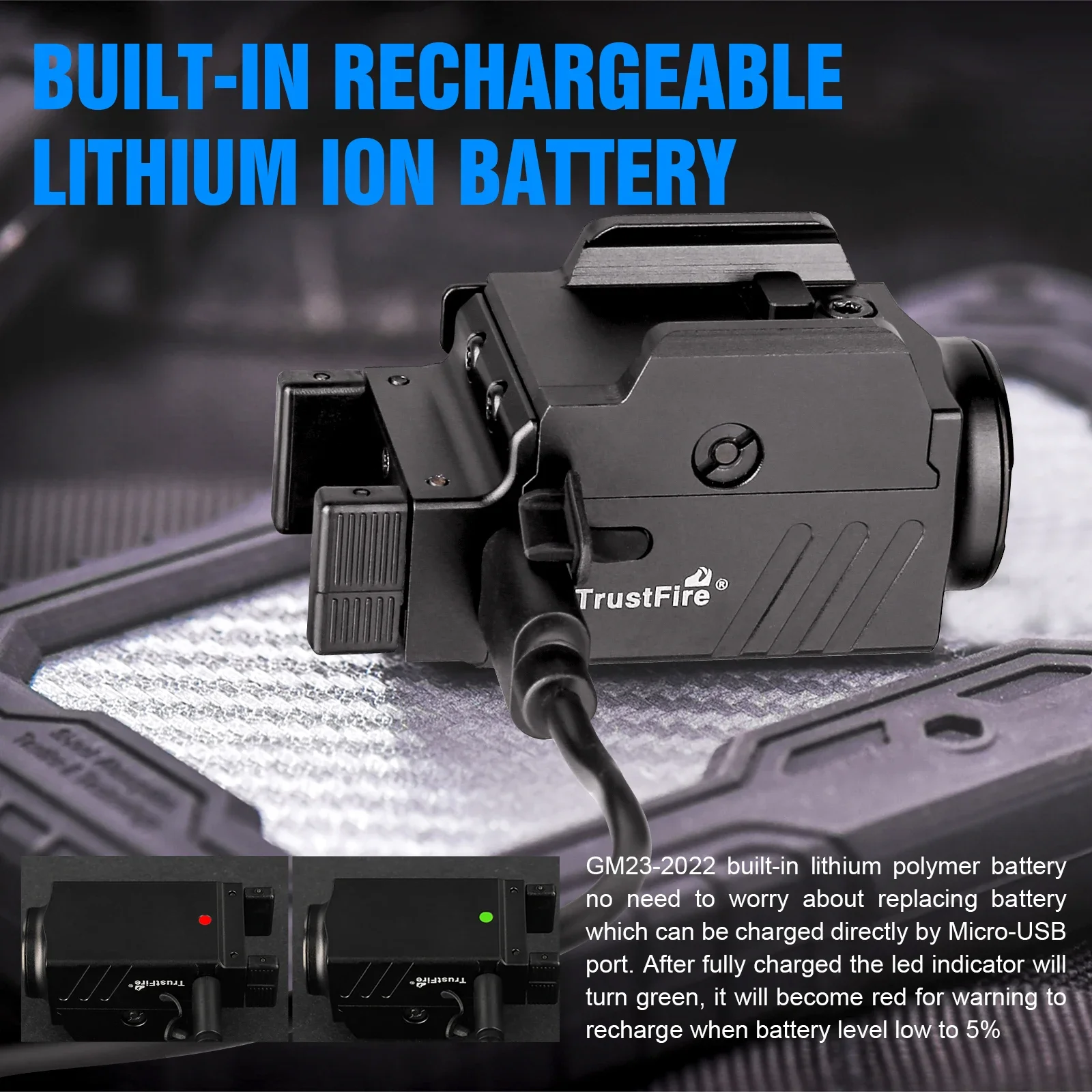 Linterna Táctica LED Trustfire GM23 de 800 Lúmenes, Mini Linterna Compacta Recargable por USB, Lámpara de Liberación Rápida Gl0ck