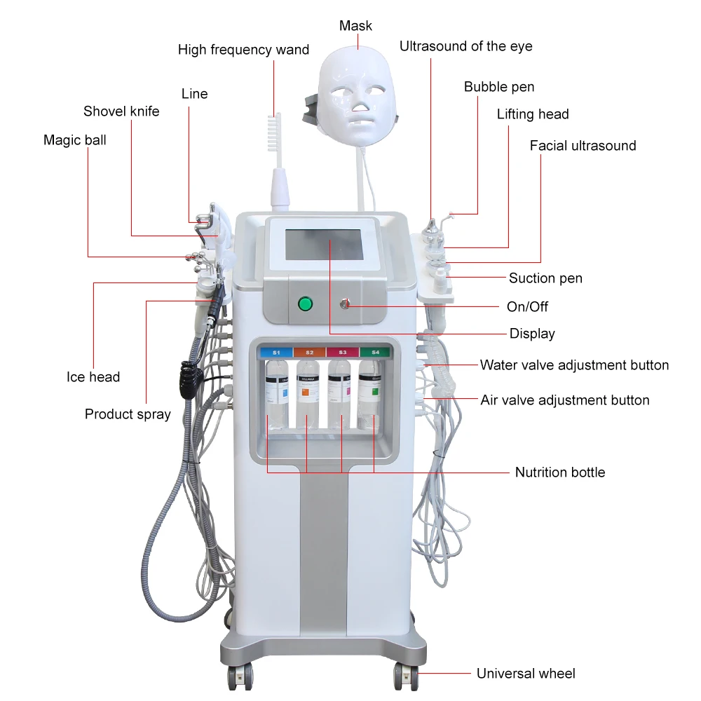 AOKO nuevo 12 en 1 hidrodermoabrasión Aqua Peeling ultrasonido cuidado Facial inyección de oxígeno rejuvenecimiento de la piel máquina de belleza de merlán